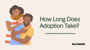 Graphic header for blog titled 'How Long Does Adoption Take? A Comprehensive Guide for Birth Parents' featuring soft teal tones, modern typography, and imagery of a parent holding a newborn, representing the adoption process, adoption timeline, and emotional support for birth parents.