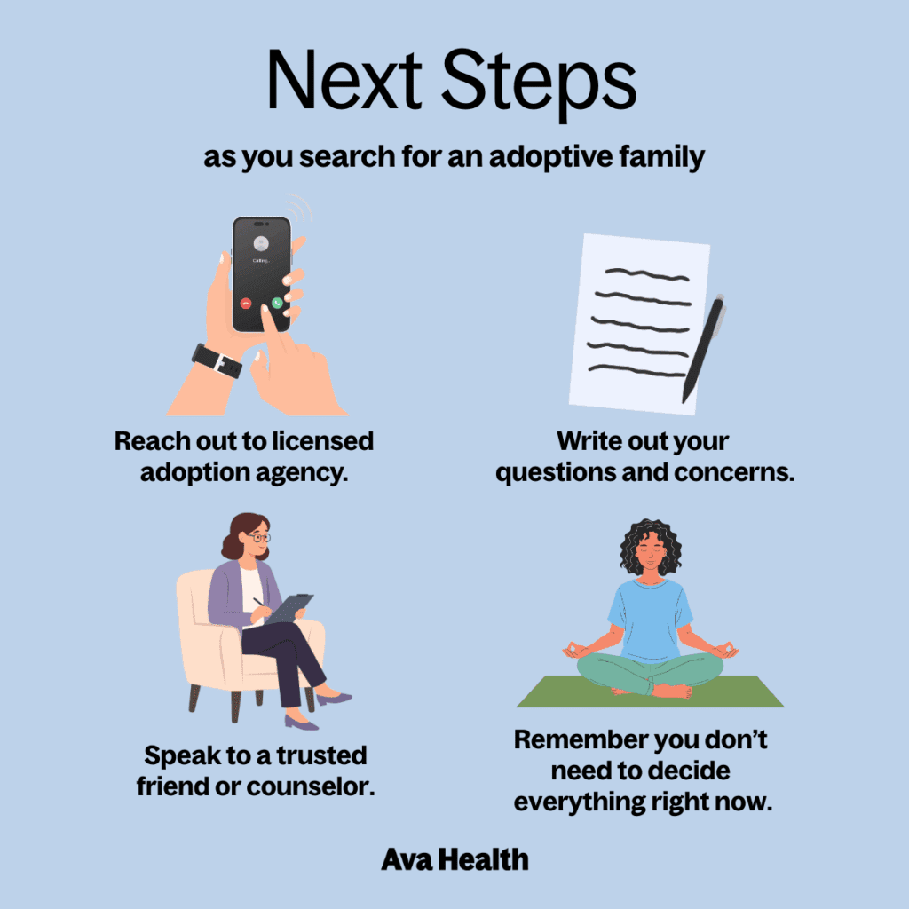 An image giving the reader next steps including talking to an adoption agency and writing an adoption plan