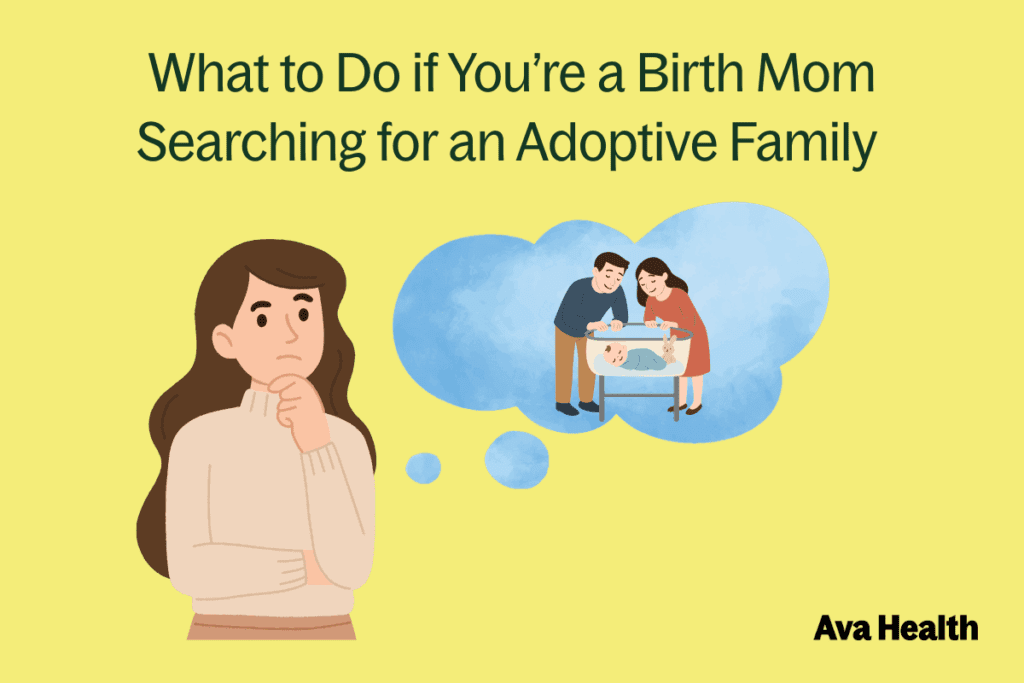 A graphic with a woman thinking about adoption