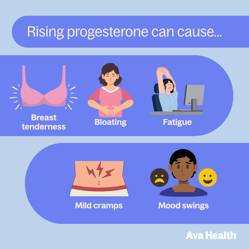 a graphic that details common pregnancy symptoms as a result of rising progesterone
